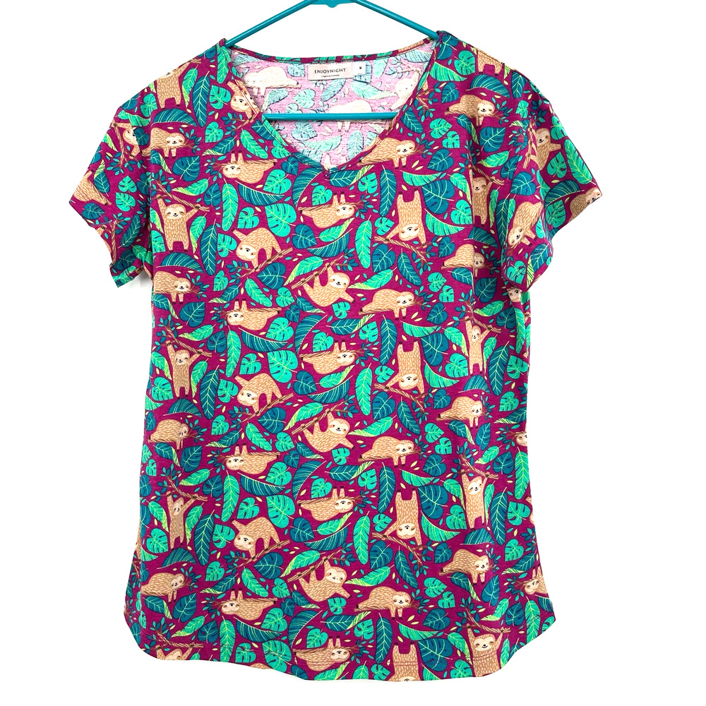 EnjoyNight size Medium‎ short sleeve pajama top shirt pj sloth print leaves